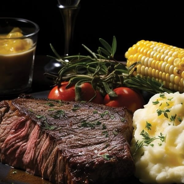 A steak dinner with mashed potatoes, corn on the cob, tomatoes, and rosemary on a dark background.