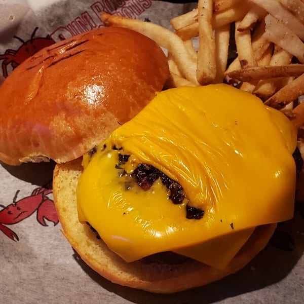 Cheeseburger with melted cheese and caramelized onions, served with a side of crispy fries.